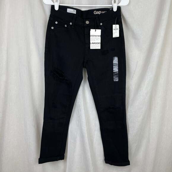 🌞 NWT Gap 1969 Black Ripped Girlfriend Denim Jeans 24r Distressed Rolled Cuff - Picture 1 of 12